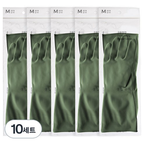 생활공작소 라텍스 고무장갑 일반형 양손 세트, 딥그린, 중(M), 10개