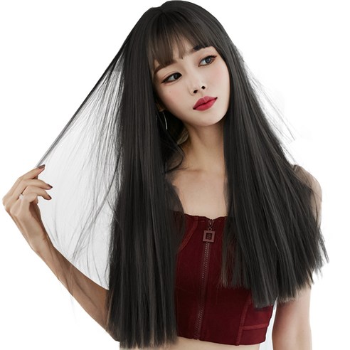 하이유니 풀뱅 스트레이트 펌 롱헤어 통가발 58cm + 가발망 + 가발거치대 세트, 챠콜블랙(가발)