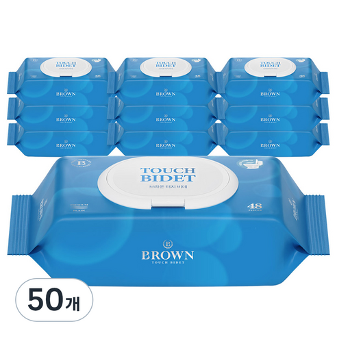 브라운 저자극 터치 비데 화장실용 물티슈 캡형, 55g, 48매, 50개