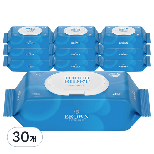 브라운 저자극 터치 비데 화장실용 물티슈 캡형, 55g, 48매, 30개