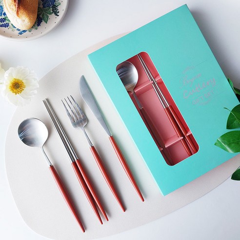 보겐 에펠 양식 1인 커트러리 선물세트, 실버 + 와인, 디너스푼 + 젓가락 + 포크 + 나이프 + 선물박스
