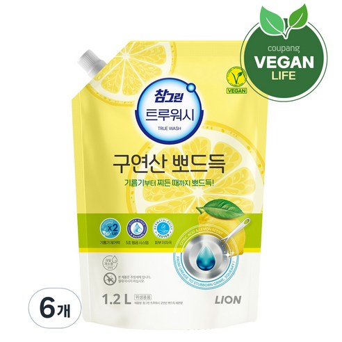 참그린 트루워시 구연산 뽀드득 주방세제 레몬향 리필, 1.2L, 6개