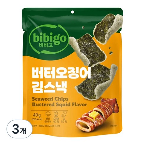 비비고 버터오징어 김스낵, 3개, 40g