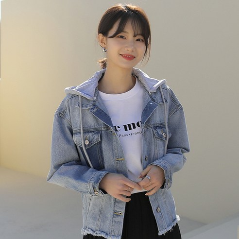 빼빼 여성용 탈부착가능 컷팅 배색 후드 데님자켓