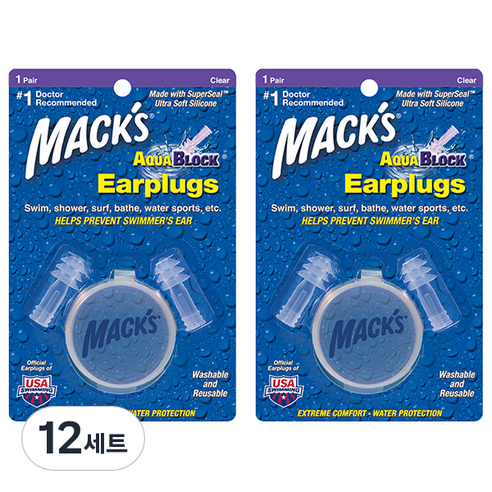 Macks 아쿠아블록 실리콘 수영 귀마개 투명색 2p, 12개, 2개입