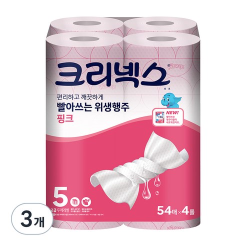 크리넥스 빨아쓰는 위생행주 핑크 54매, 4롤, 3개