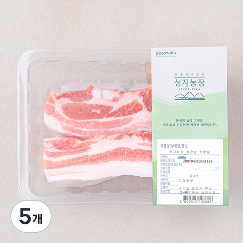 성지농장 동물복지 인증 삼겹살 보쌈용 (냉장), 600g, 5개