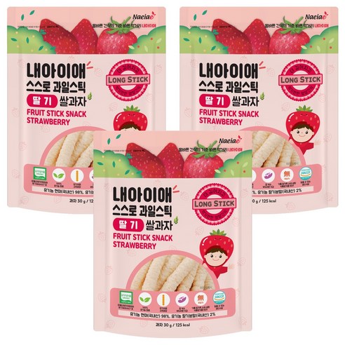 유아용 내아이애 유기농 스스로 과일 롱스틱, 딸기, 30g, 3개