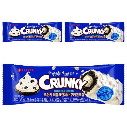 롯데웰푸드 크런키 더블크런치바 쿠키앤크림, 33g, 3개
