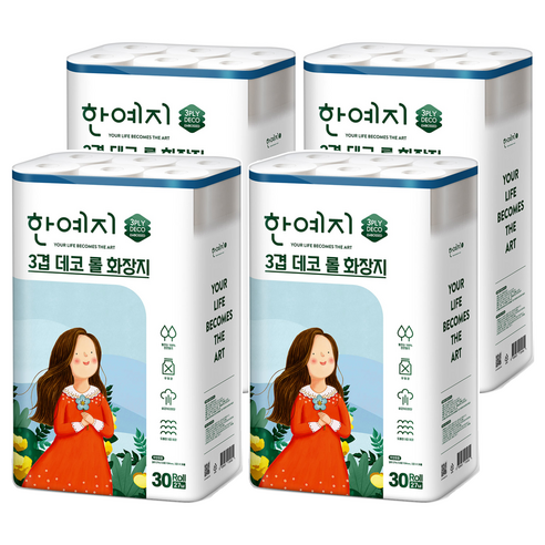 한예지 3겹 데코 천연펄프 고급롤화장지, 27m, 30롤, 4개
