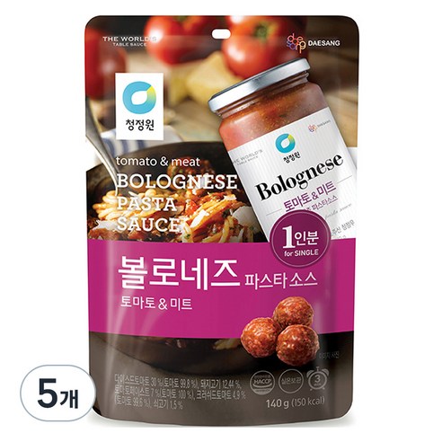 청정원 싱글 파우치 볼로네즈 토마토 파스타소스, 5개, 140g