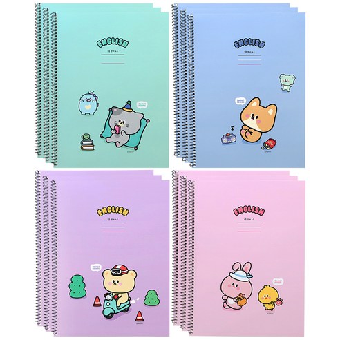 핑크풋 1500 쪼꼬미친구들 3줄 영어노트 4종 x 3p 세트, sky blue, mint, purple, pink, 1세트