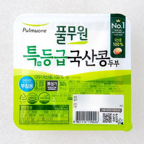 풀무원 특등급 국산콩 두부 단단한 부침용, 1개, 340g