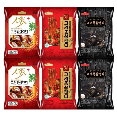 일광제과 고려홍삼캔디 280g x 2p + 고려인삼캔디2 280g x 2p + 고려흑삼캔디 280g x 2p, 1.68kg, 1세트