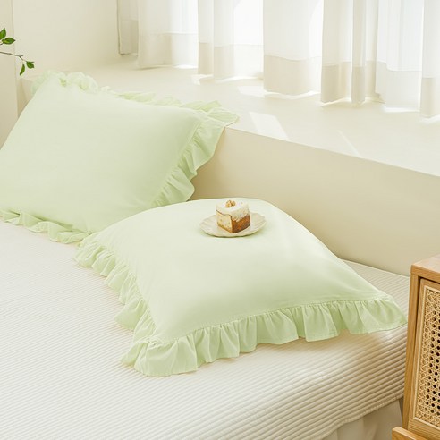 더자리 소프트 피그먼트워싱 보송보송 프릴 베개커버 2P, 스프링그린
