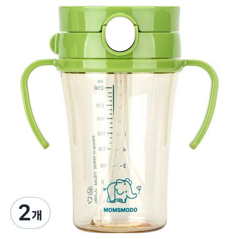 맘스모도 유아용 세척편한 이지 PPSU 원터치 빨대컵 250ml, 2개, 코끼리 그린