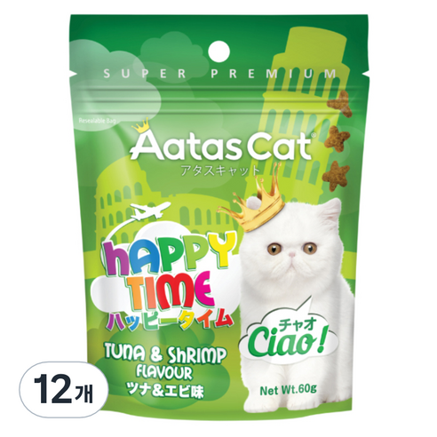 아타스캣 고양이 어덜트용 해피타임 참치 앤 새우 간식, 생선, 60g, 12개