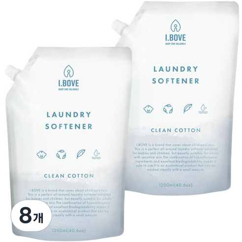 아이보브 고농축 유아 섬유유연제 클린코튼향 리필, 1200ml, 8개