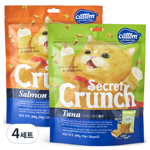 캣템 고양이 시크릿 크런치 간식 연어 200g + 참치 200g 세트, 혼합맛 (연어/참치), 4세트