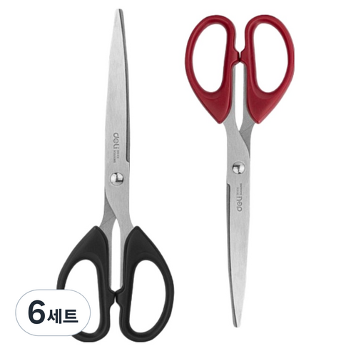 델리 다용도 오피스 가위 중형 180mm 2종 세트, 블랙, 레드, 6세트