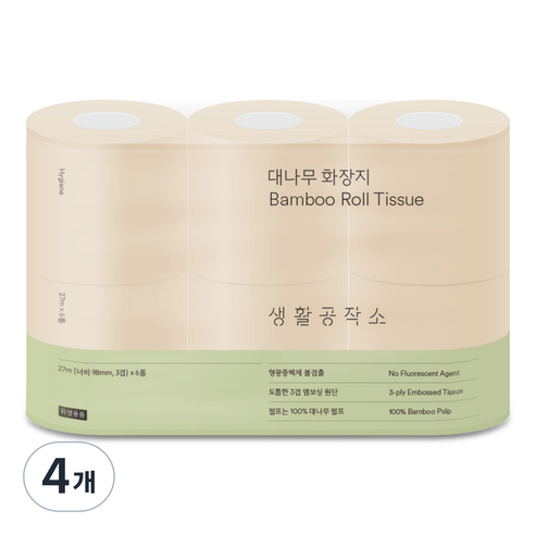 생활공작소 대나무 천연펄프 3겹 고급롤화장지, 27m, 6개입, 4개