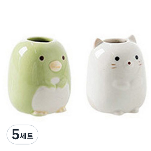 애니멀 다용도 칫솔꽂이, 그린 펭귄 + 화이트 고양이, 5세트