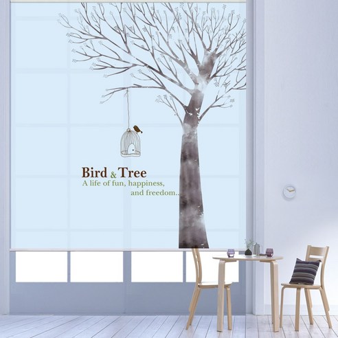 스코홈 북유럽 감성 롤 스크린, Tree&Bird (블루)