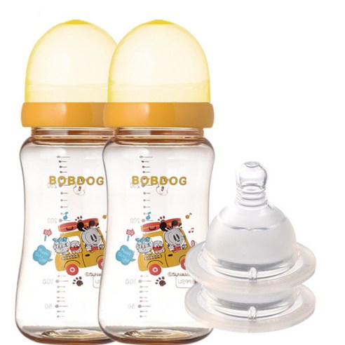리틀밥독 PPSU 유꼭지젖병 트윈팩 300ml 젖꼭지 2개입, 2단계(0~3개월), 옐로우
