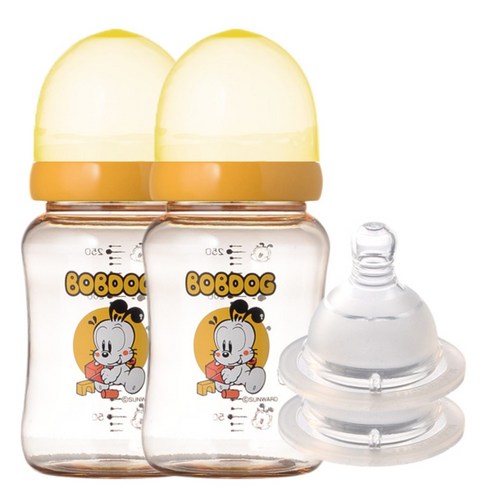 리틀밥독 PESU 유꼭지젖병 트윈팩 260ml 젖꼭지 2개입, 1단계(신생아), 옐로우