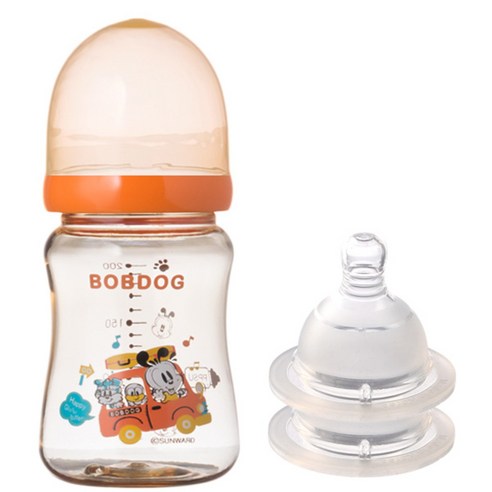 리틀밥독 PPSU 유꼭지젖병 200ml 젖꼭지 2개입, 1단계(신생아), 오렌지