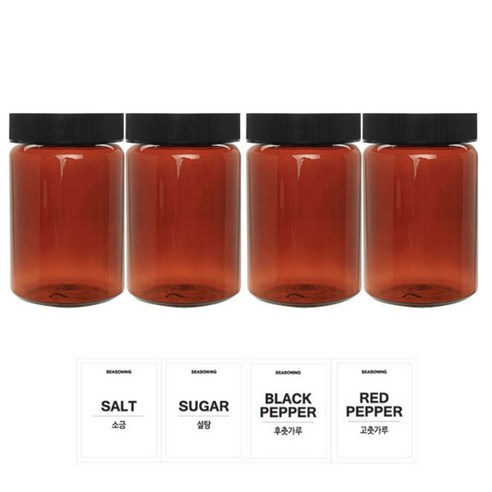 홈앤라이프 갈색원형 PET 양념통 250ml 세트, 1세트, 양념통 4p + 검정캡 4p + 스티커 4p(소금 + 설탕 + 후추 + 고춧가루)