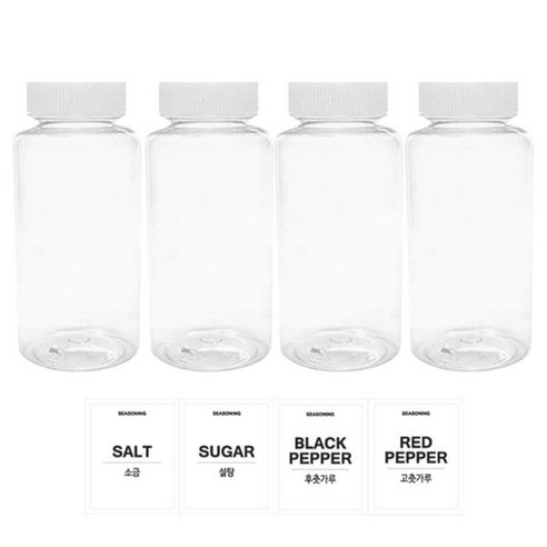 홈앤라이프 투명원형 PET 양념통 200ml 세트, 1세트, 양념통 4p + 흰색캡 4p + 스티커 4p(소금 + 설탕 + 후추 + 고춧가루)