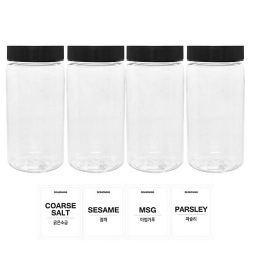 홈앤라이프 투명원형 PET 양념통 350ml 세트, 1세트, 양념통 4p + 검정캡 4p + 스티커 4p(굵은소금 + 참깨 + 마법가루 + 파슬리)