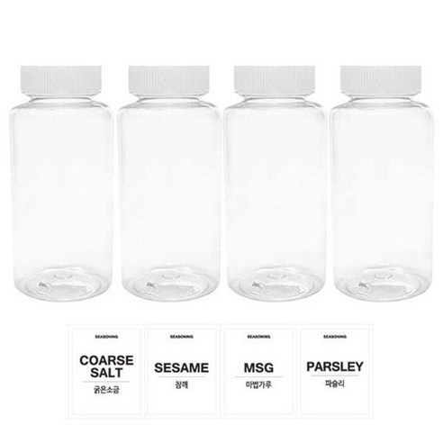 홈앤라이프 투명원형 PET 양념통 200ml 세트, 1세트, 양념통 4p + 흰색캡 4p + 스티커 4p(굵은소금 + 참깨 + 마법가루 + 파슬리)