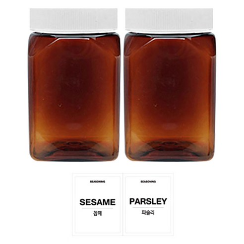 홈앤라이프 갈색 사각 PET 양념통 흰색캡 350ml 2p 세트, 1세트, 용기 2p + 뚜껑 2p + 스티커(참깨, 파슬리)