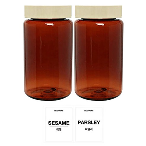 홈앤라이프 갈색 원형 PET 양념통 미색캡 300ml 2p 세트, 1세트, 양념통 원형 2p + 투명스티커 (참깨 + 파슬리)