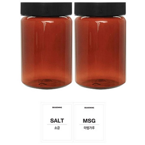 홈앤라이프 갈색 원형 PET 양념통 검정캡 250ml 2p 세트, 1세트, 용기 2p + 뚜껑 2p + 흰색스티커 (소금 + 마법가루)
