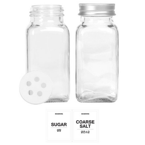 홈앤라이프 유리 양념통 사각 전용캡 180g 2p 세트, 1세트, 양념통 사각 180g 2p + 투명스티커(설탕 + 굵은소금)