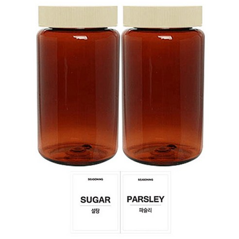 홈앤라이프 갈색원형 PET 양념통 미색캡 300ml 2p 세트, 1세트, PET 양념통 2p + 흰색스티커(설탕 + 파슬리)