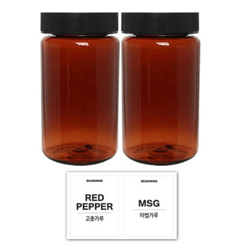 홈앤라이프 PET 갈색원형 양념통 검정캡 300ml 2p 세트, 1세트, 양념통 갈색원형 2p + 흰색스티커 (고춧가루 + 마법가루)