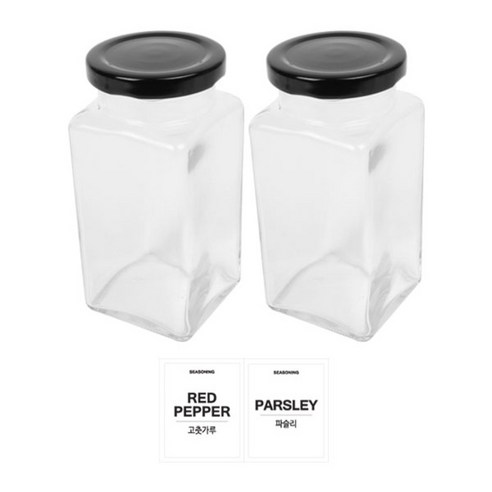 홈앤라이프 유리 양념통 사각 블랙캡 300g 2p 세트, 1세트, 양념통 사각 2p + 투명스티커(고춧가루 + 파슬리)