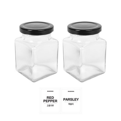 홈앤라이프 유리 양념통 사각 블랙캡 200g 2p 세트, 1세트, 양념통 사각 2p + 투명스티커(고춧가루 + 파슬리)
