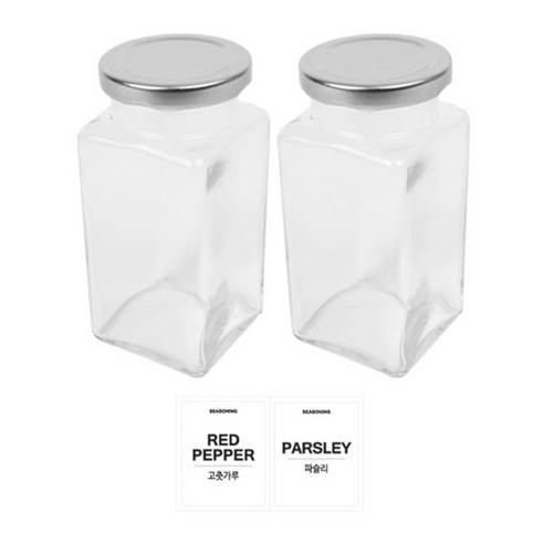 홈앤라이프 유리 양념통 사각 실버캡 300g 2p 세트, 1세트, 양념통 사각 2p + 투명스티커(고춧가루 + 파슬리)