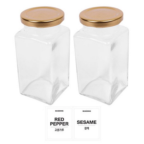 홈앤라이프 유리 양념통 사각 골드캡 300g 2p 세트, 1세트, 양념통 사각 2p + 투명스티커 (고춧가루 + 참깨)