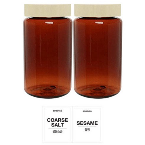 홈앤라이프 갈색원형 PET 양념통 미색캡 300ml 2p 세트, 1세트, PET 양념통 2p + 흰색스티커 (굵은소금 + 참깨)