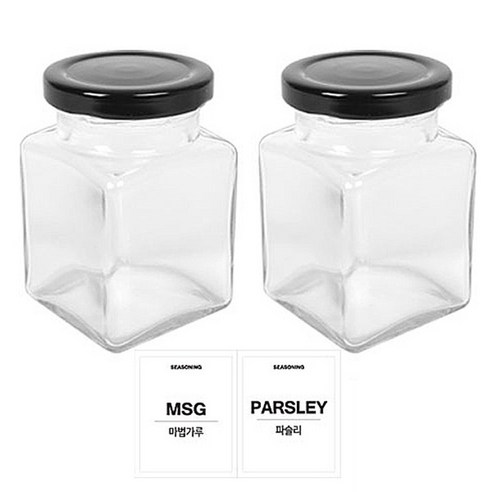 홈앤라이프 유리 양념통 사각 블랙캡 200g x 2p 세트, 1세트, 양념통 사각 2p + 투명스티커 (마법가루 + 파슬리)