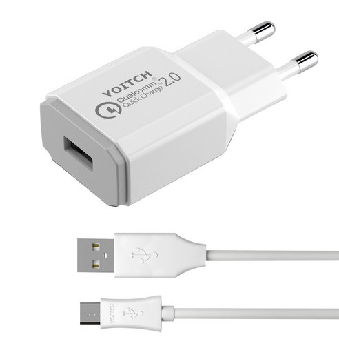 요이치 퀵차지 2.0 리버스 USB 어답터 충전기 화이트 + 마이크로 5핀 케이블 0.3m, 1세트