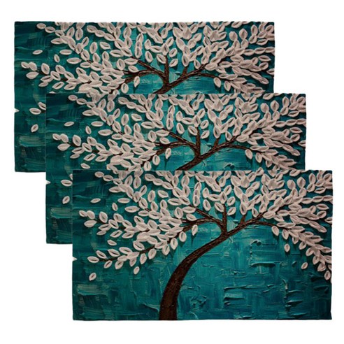 아리코 린넨 북유럽 유화 식탁 테이블 매트 3p, 잔꽃나무 블루 + 베이지, 46 x 27 cm