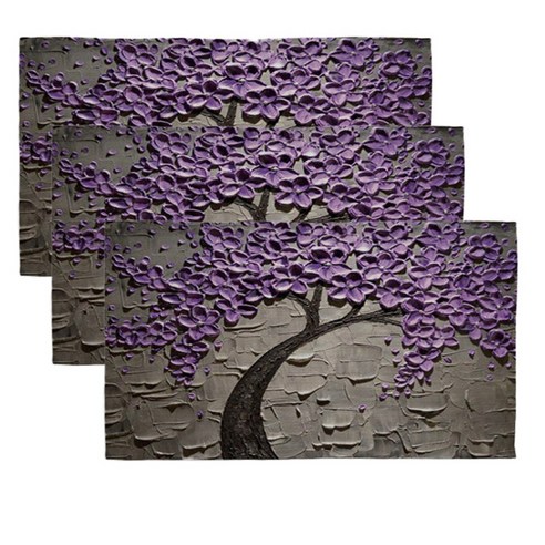 아리코 린넨 북유럽 유화 식탁 테이블 매트 3p, 나무꽃 그레이 + 퍼플, 46 x 27 cm