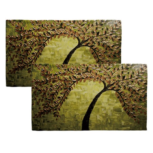 아리코 린넨 북유럽 유화 식탁 테이블 매트 2p, 잔꽃나무 그린 + 브라운, 46 x 27 cm